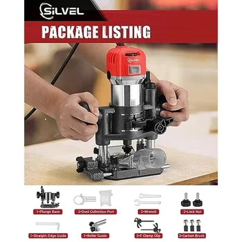 Compact Wood Router Combo Tool 800W 110V with 6 Speeds Fixed Base Plunge Router Woodworking Trimmer Router Kit with Accessories 2