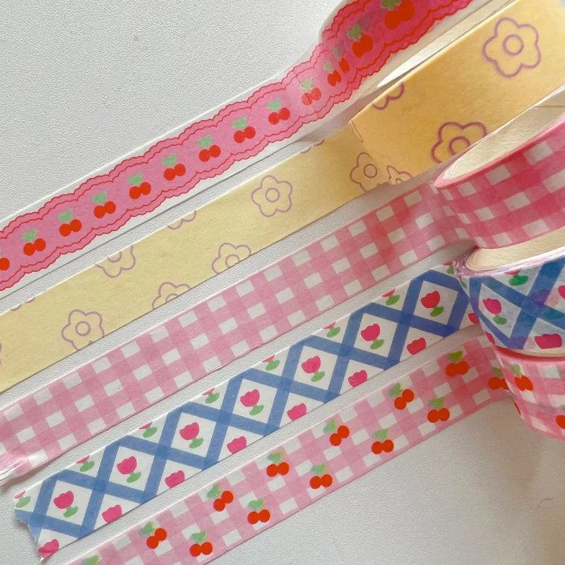 1Pcs Pink Grid Cherry Flower Washi Tape Decorative Adhesive Tape Color Masking Tape For Sticker Scrapbooking DIY Stationery Tape