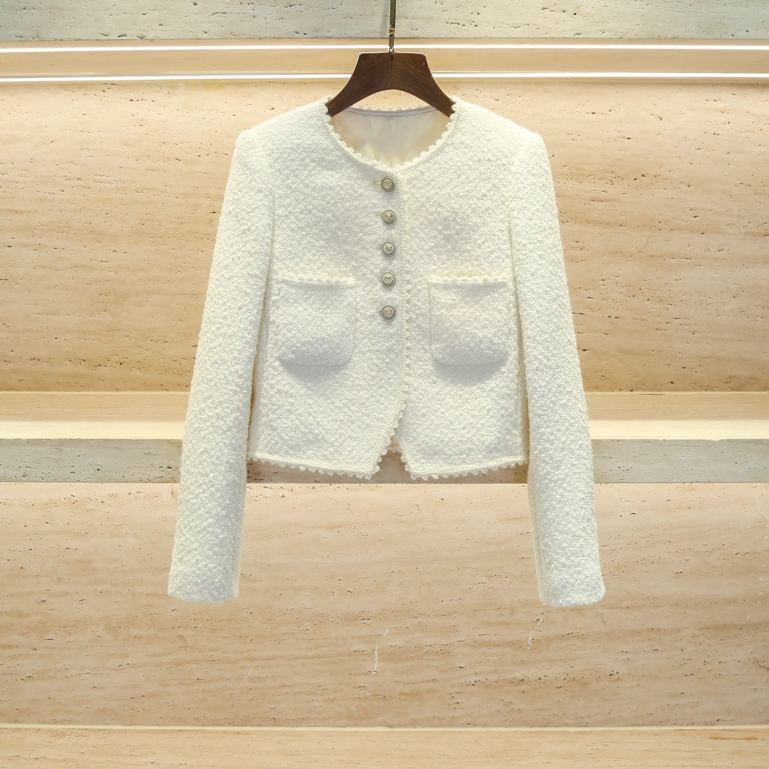 

Women Short Coat Tweed Long Sleeve O-Neck Single Breasted Casual Jacket Early Autumn 2023