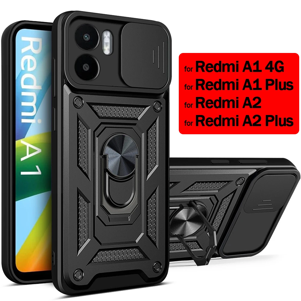 Custodia Per Armatura Per Xiaomi Redmi A1 4G A2 Custodia Per Redmi A1 A2 Plus Custodie Slide Camera Lens Protect Ring Stand Phone Fundas