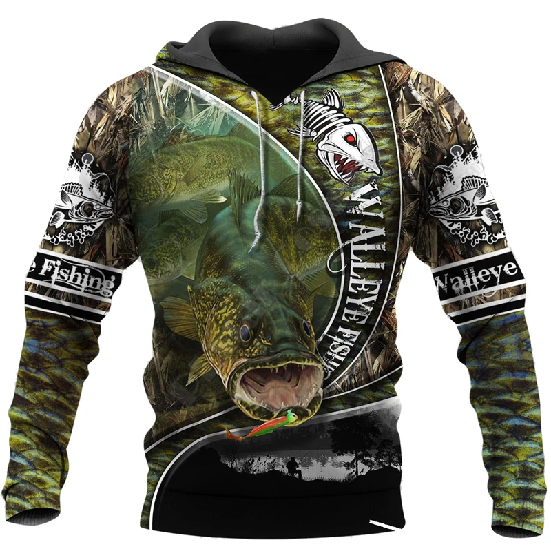 

3D Fishing Printed Bass Walleye Men's Hoodie Loose Designer Sweatshirt Spring Autumn Oversized Harajuku y2k Clothes Long Sleeve