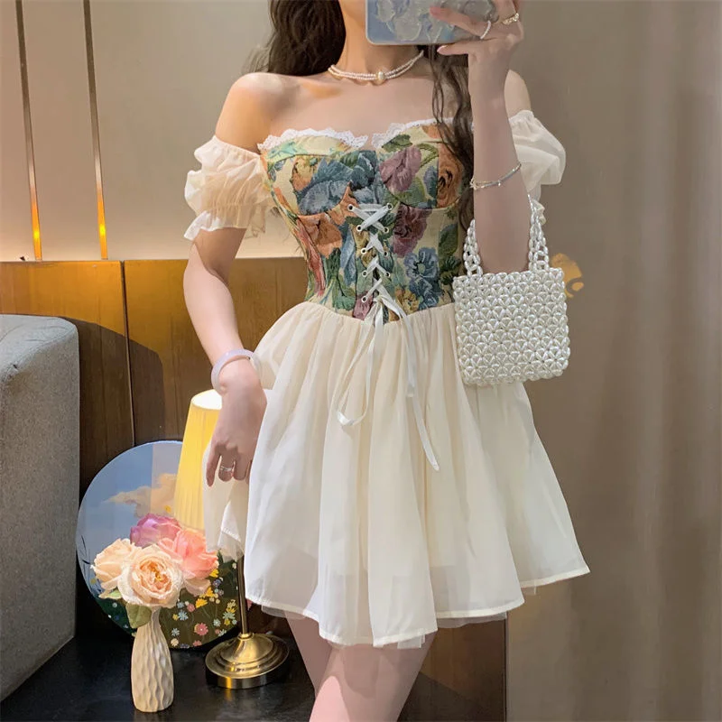 

2000s Retro Sweet and Cute Puff Sleeve Floral Print Patch Bandage Corset Dress INSCUTEE Cottagecore Princess Dress for Women