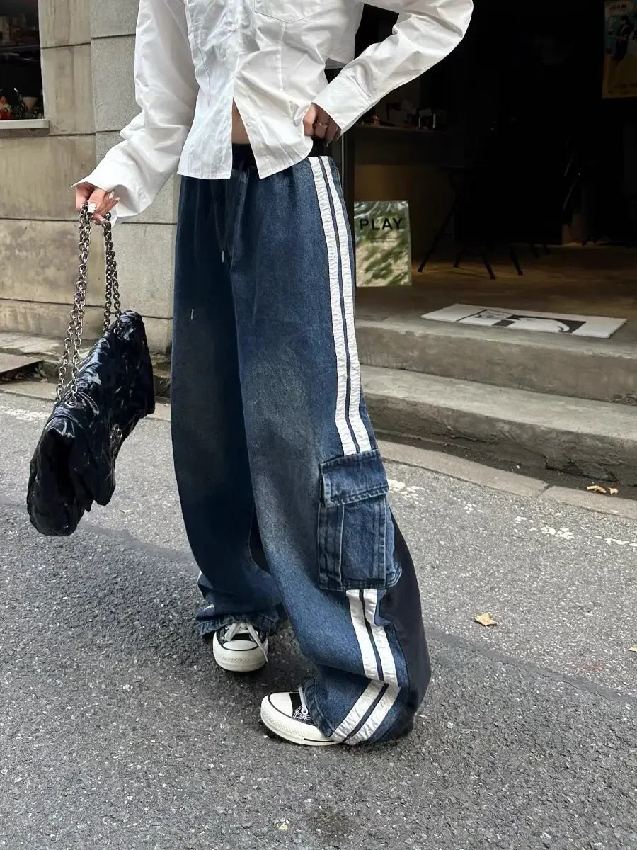 

2023 autumn women's striped patchwork casual cargo pants new high-waisted baggy wide-leg jeans