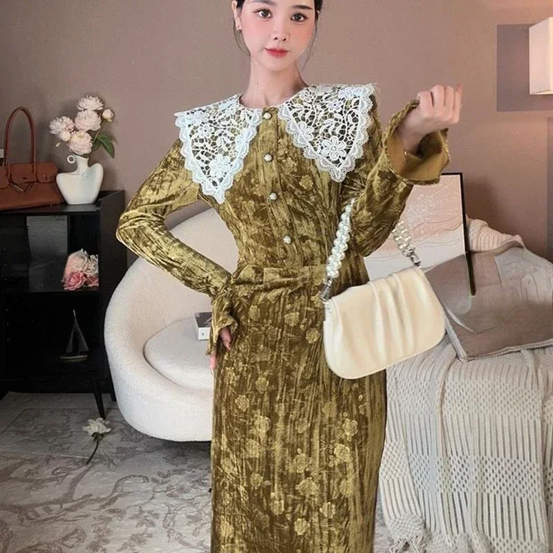 

Весенне-осеннее женское бархатное платье во французском стиле с широким рукавом и принтом, женские облегающие велюровые платья с кружевом и пэчворком
