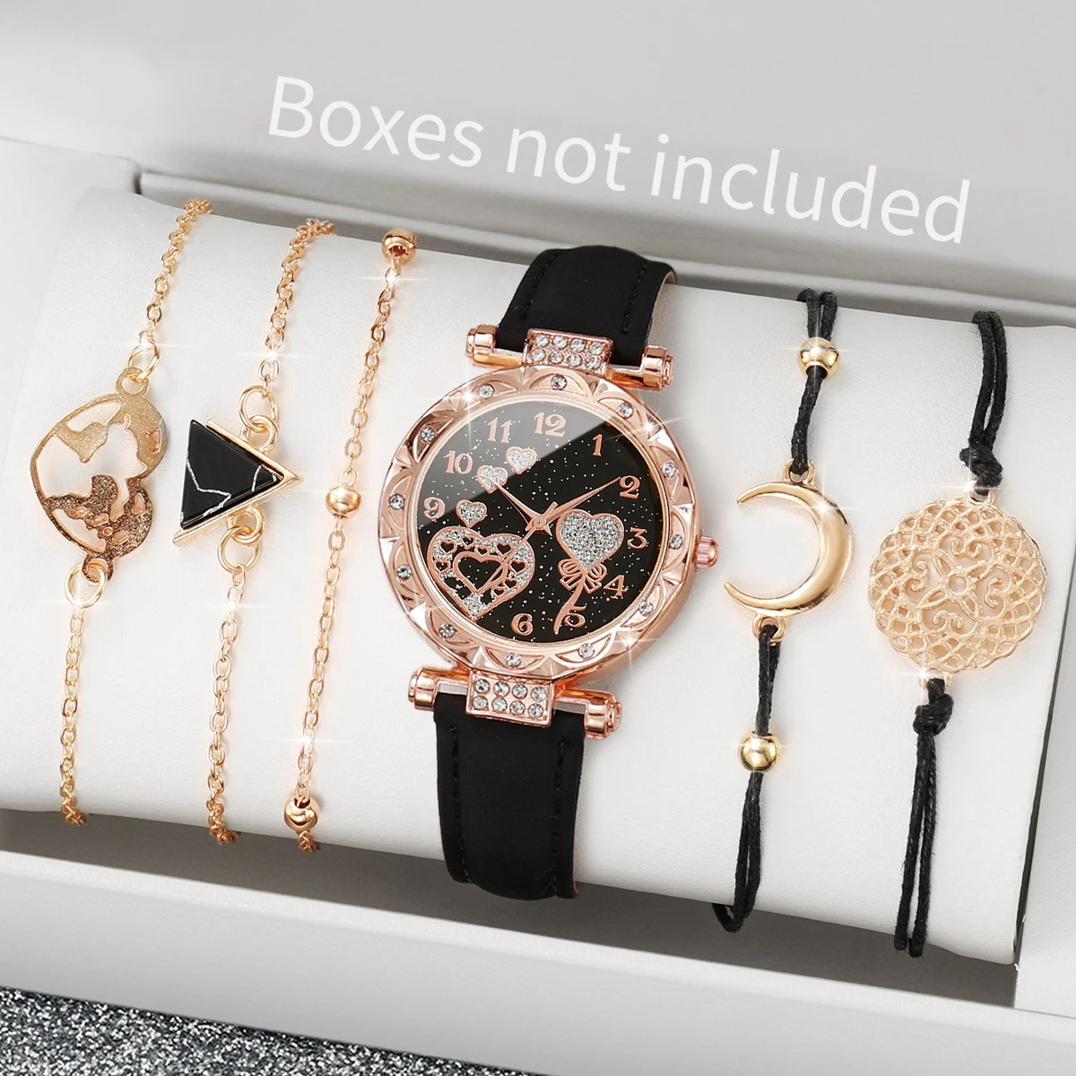 6PCs/Set Women's Fashion Watch Round Multi heart Dial Leather Strap Quartz Watch with Black Triangle Bracelet