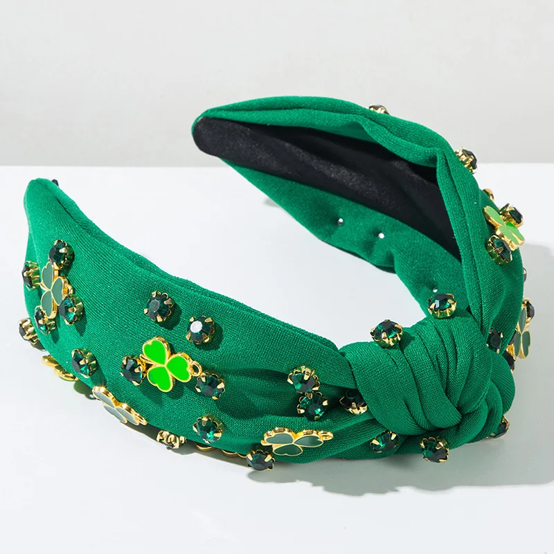 Women Irish Knotted Headbands Lucky Shamrock Rhinestone Wide Hair Hoop Cross Knot Non Slip Turban Hoops