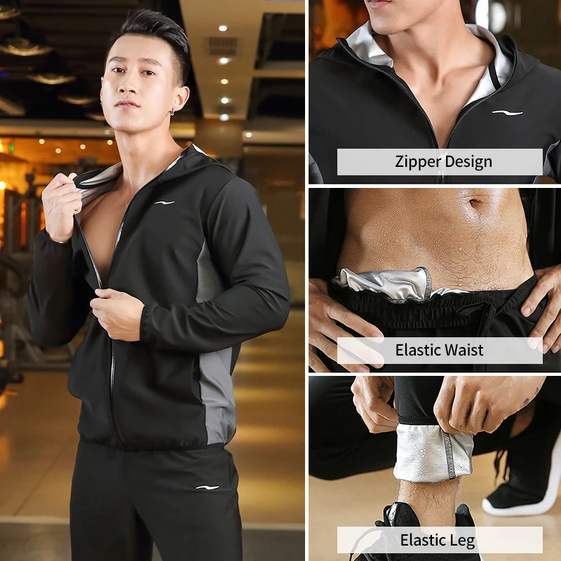 Sauna Suit Slimming Men Zipper Hoodies Gym Clothing Set For Weight Loss Running Fitness Training Sweating Sportswear Workout Set Sports Suit