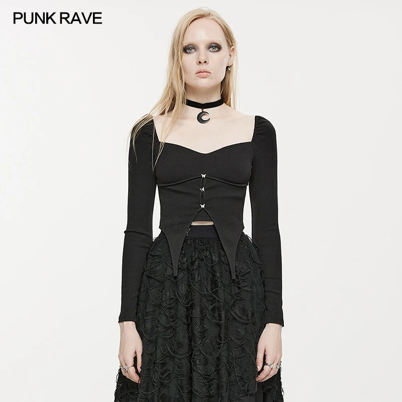 

PUNK RAVE Women's Square Neck Gothic Hem Curved Segmentation T-shirt Butterfly Buttons Decoration Black Tops Spring & Autumn