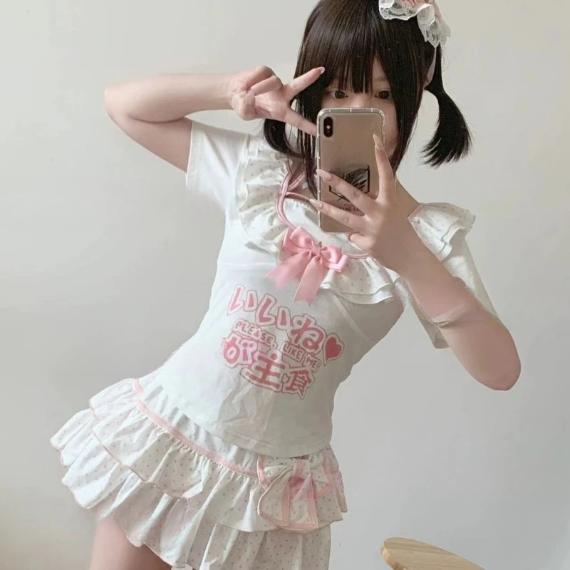 Summer Wave Point Printing Kawaii Mini Skirts Womens Cake Jupe High Waist Bow Skirt Y2k Aesthetic Sweet Ruffled Gothic Faldas