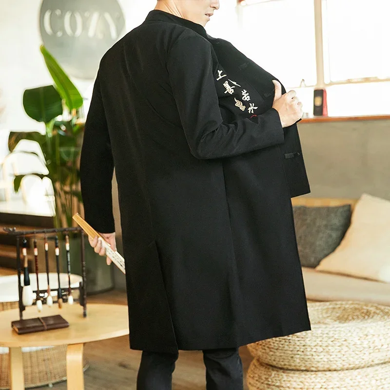 Chinese Style Long Windbreaker Jacket Men Streetwear Oriental Clothes Hip Hop Mandarin Jacket Coat