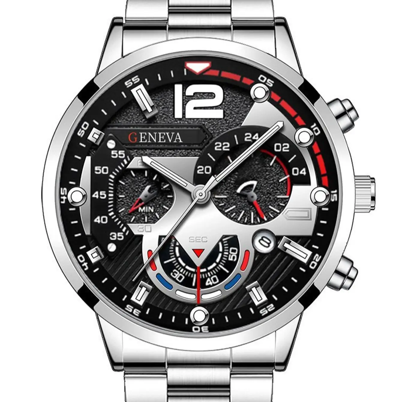 3pcs Business style Silver White Mechanical design men's alloy quartz watch with calendar and alloy Cuba necklace bracelet set 6