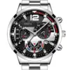 3pcs Business style Silver White Mechanical design men's alloy quartz watch with calendar and alloy Cuba necklace bracelet set 6