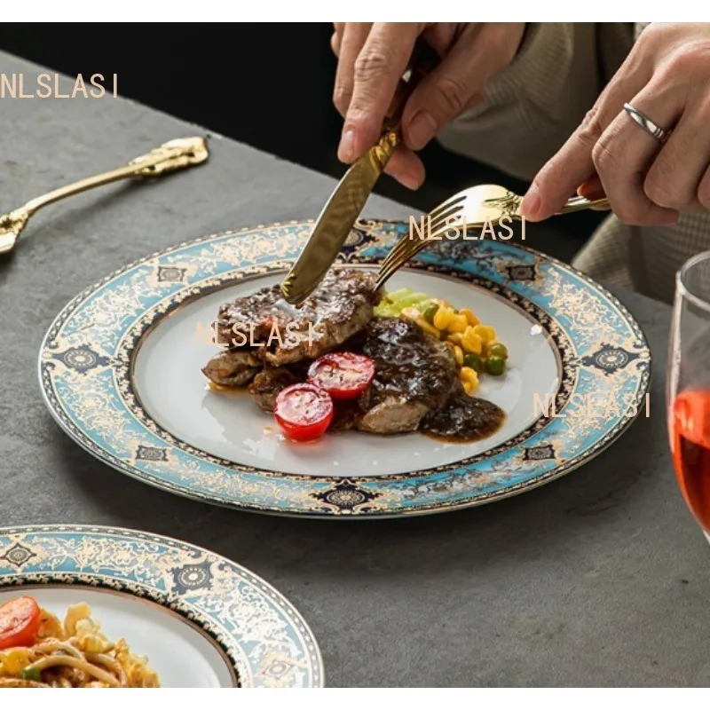 1pcs  Ceramic Steak Plate Household Round Western Flat Plate European High-quality Tableware Underglaze Color Craftsmanship