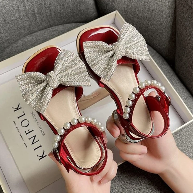 

Girls Mary Jane Shoes with Bow-knot Fashion Kids Pearls Crown Princess Shoes for Party Wedding Children Leather Shoes Non-slip