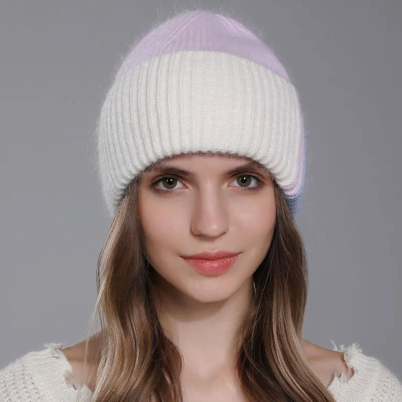Chapéu de outono para patchwork de pele de coelho, gorro de inverno da moda, gorro de malha quente, chapéus femininos para adultos, capa de cabeça_voghion.com