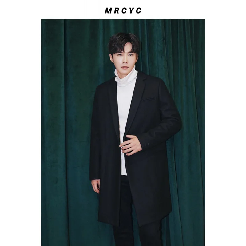 Tweed Coat Men's Mid-length Youth Solid Color Trench Coat Korean Loose Thick Tweed Coat