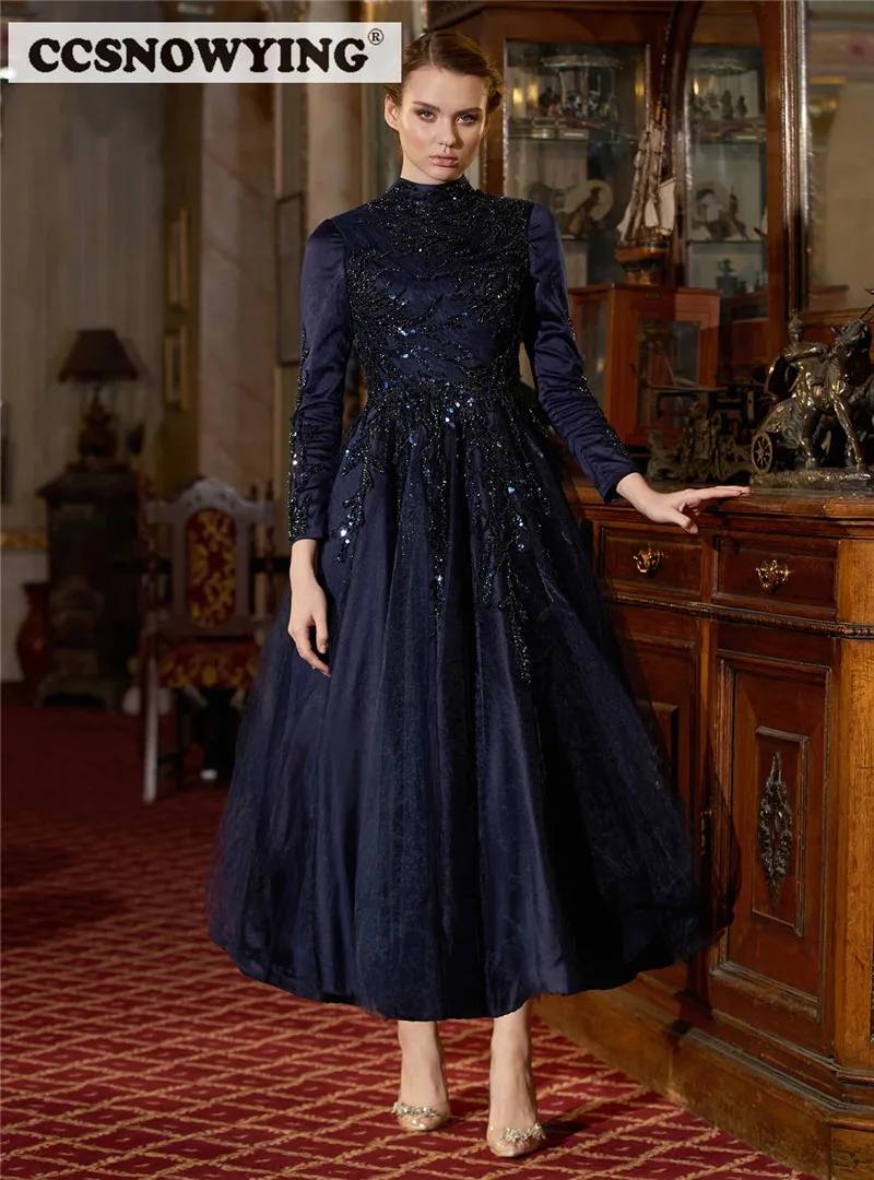 

Navy Blue Tulle Appliques Muslim Evening Dresses Long Sleeve Islamic Formal Party Gown Women Hijab Arabic Kaftan Robe De Soiree