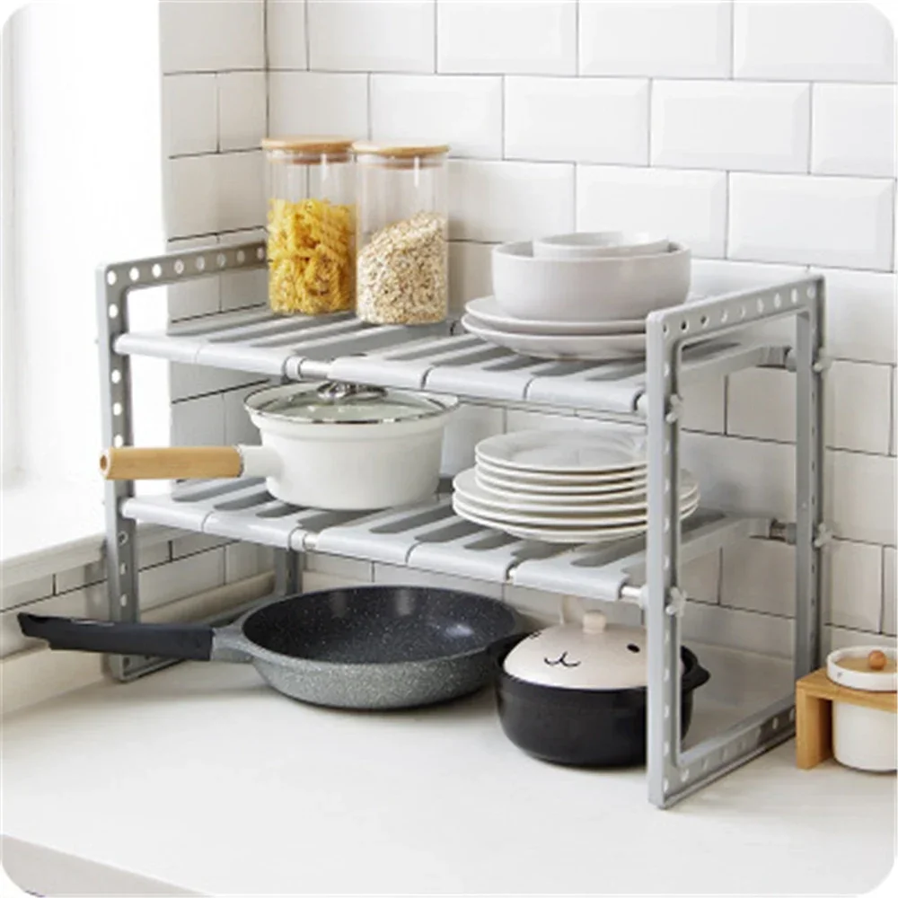 Extendible Kitchen Under Sink Rack Bathroom Stainless Steel Storage Shelf Cooker Pot Pan Holder Cabinet 2 Layer Organizer Stand