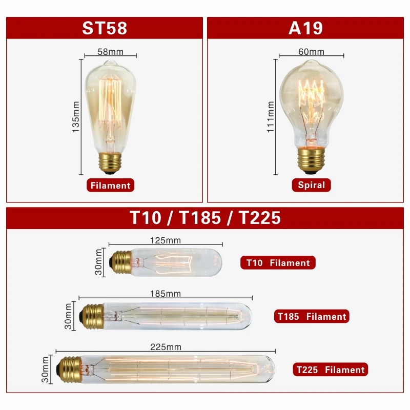 Retro Edison Bulb E27 220V 40W Light Bulb A60 ST58 ST64 T10