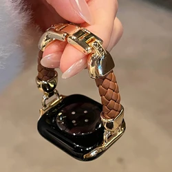 Elegant Rhomboid Leather Band with Gold Metal Accent for Ultra 2 49MM (Gold Brown)