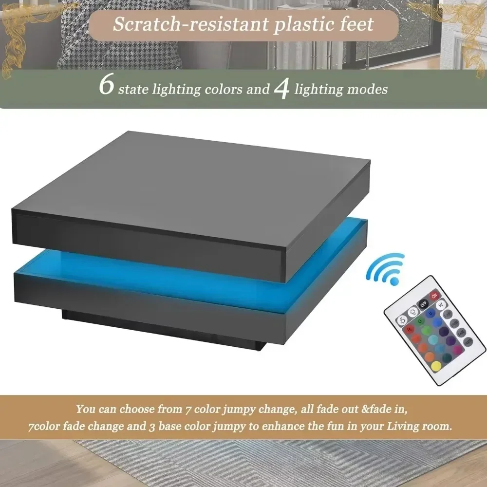 Coffee Table Modern Minimalist Design High Gloss 31.5 Inch 2 Tier Square with Plug-In 16 Color LED Lights Caf&eacute; Tables