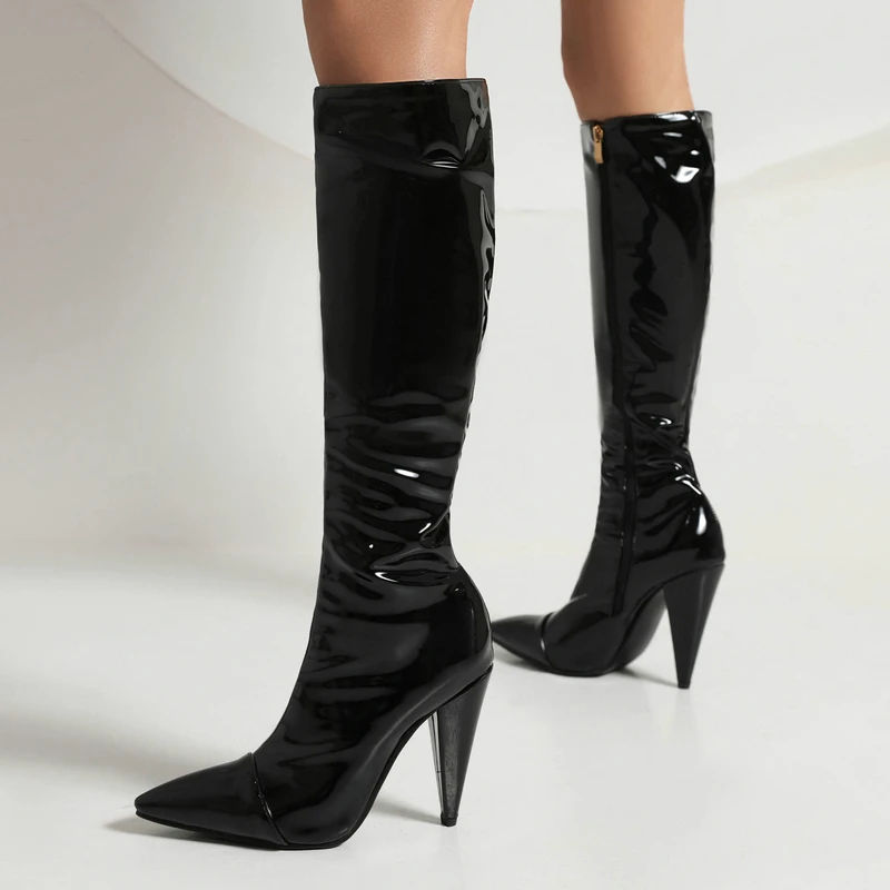 

Faux Leather Knee Boots Strange High Heels Women Fashion Poined Toe Boots Ladies Autumn Winter New Set Foot