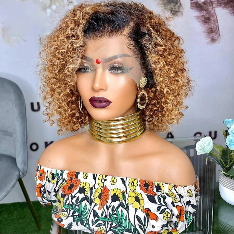 

Soft 180Density Short Bob Ombre Honey Blonde Brown Glueless Kinky Curly Lace Front Wig For Black Women BabyHair Preplucked Daily