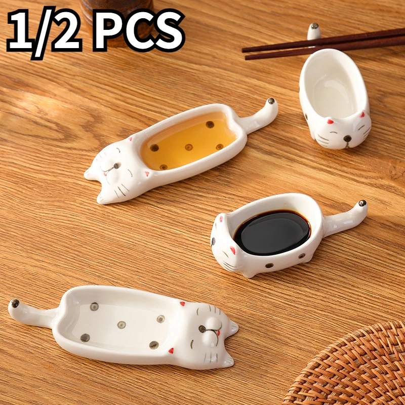 1/2 Pcs Kitchen Ceramic Dipping Bowls Seasoning Plate Cute Animal Cat Shape Tableware