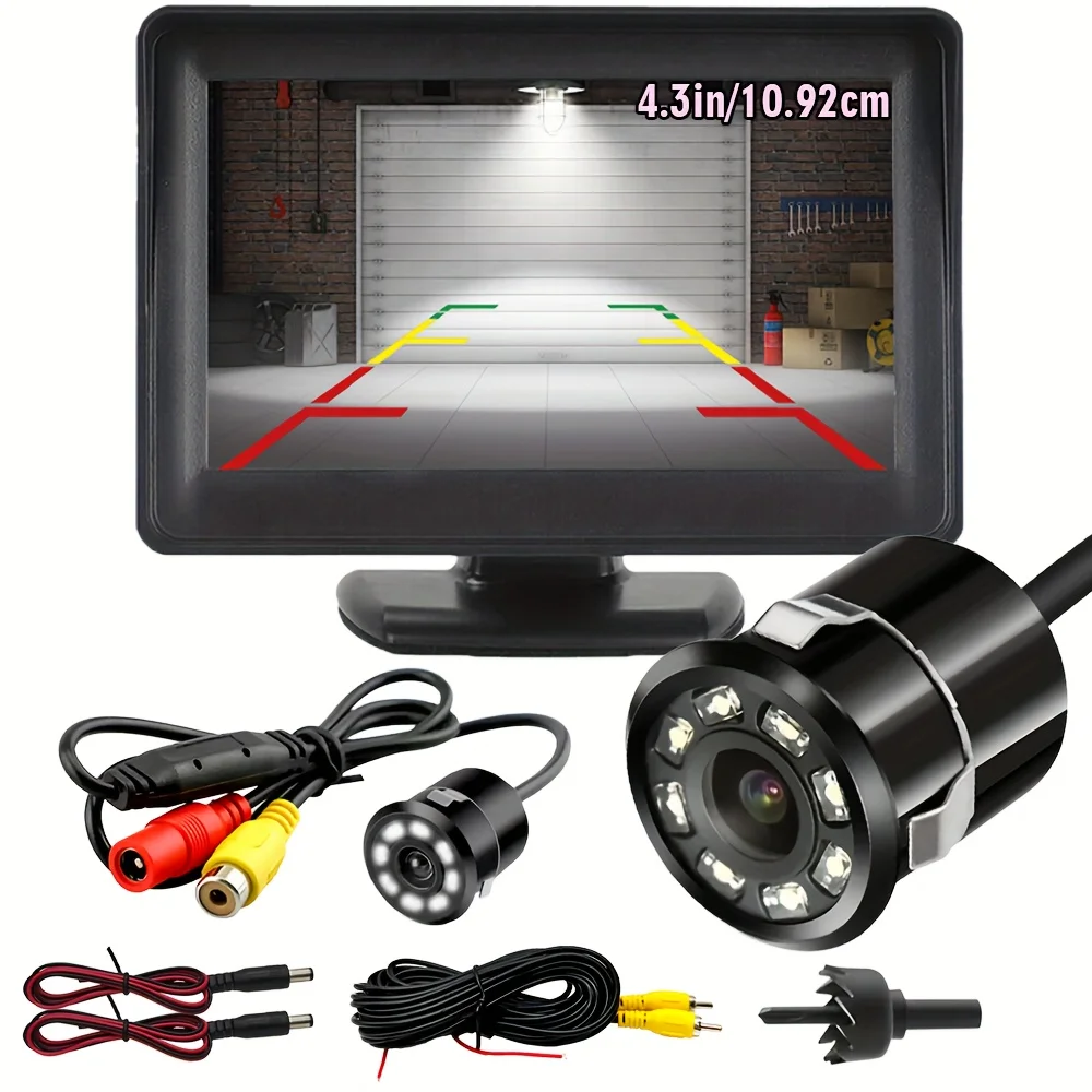 백업 카메라 시스템, 4.3인치 디스플레이 화면 및 8개의 LED 조명이 포함된 후방 카메라 키트, 자동차, 픽업트럭, RV 및 SUV에 적합합니다.