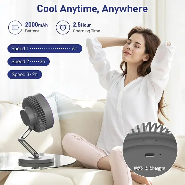 Desk fan Small Quiet with Metal Stand - 3 Speed 180° Foldable 360° Rotating Adjustable Portable Design Rechargeable Battery 2