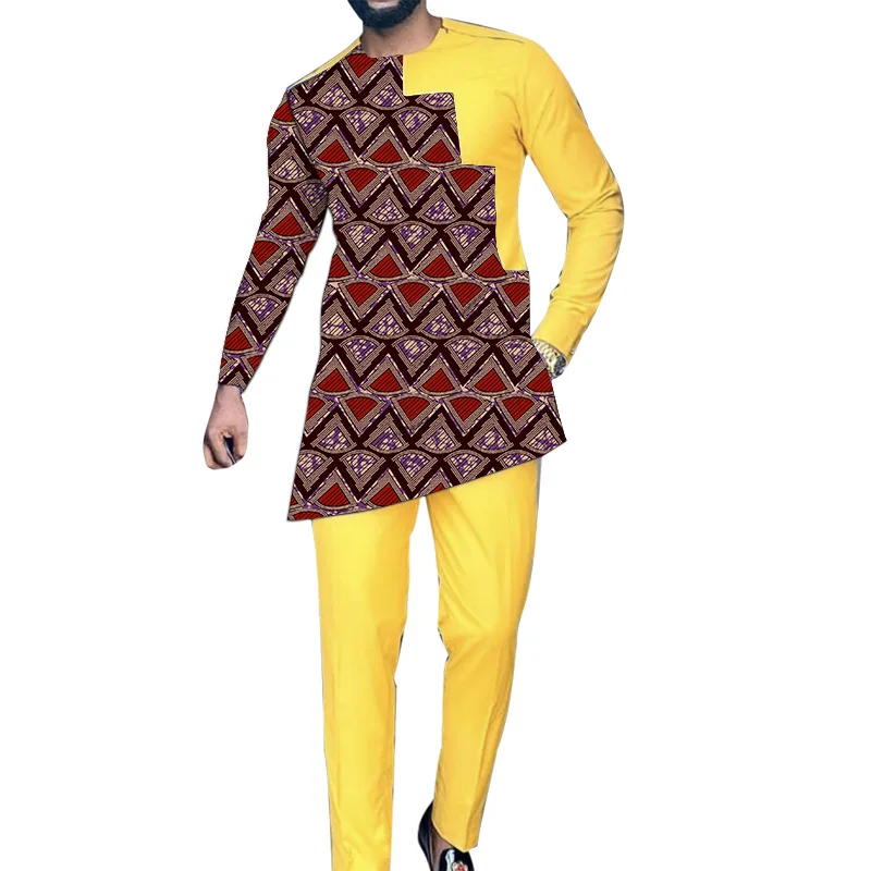 African Clothes Men'S Patchwork Tops+Pants Yellow Cotton Male Festival Outfits Customized Wedding Groom Suits 5 African Clothes Men'S Patchwork Tops+Pants Yellow Cotton Male Festival Outfits Customized Wedding Groom Suits