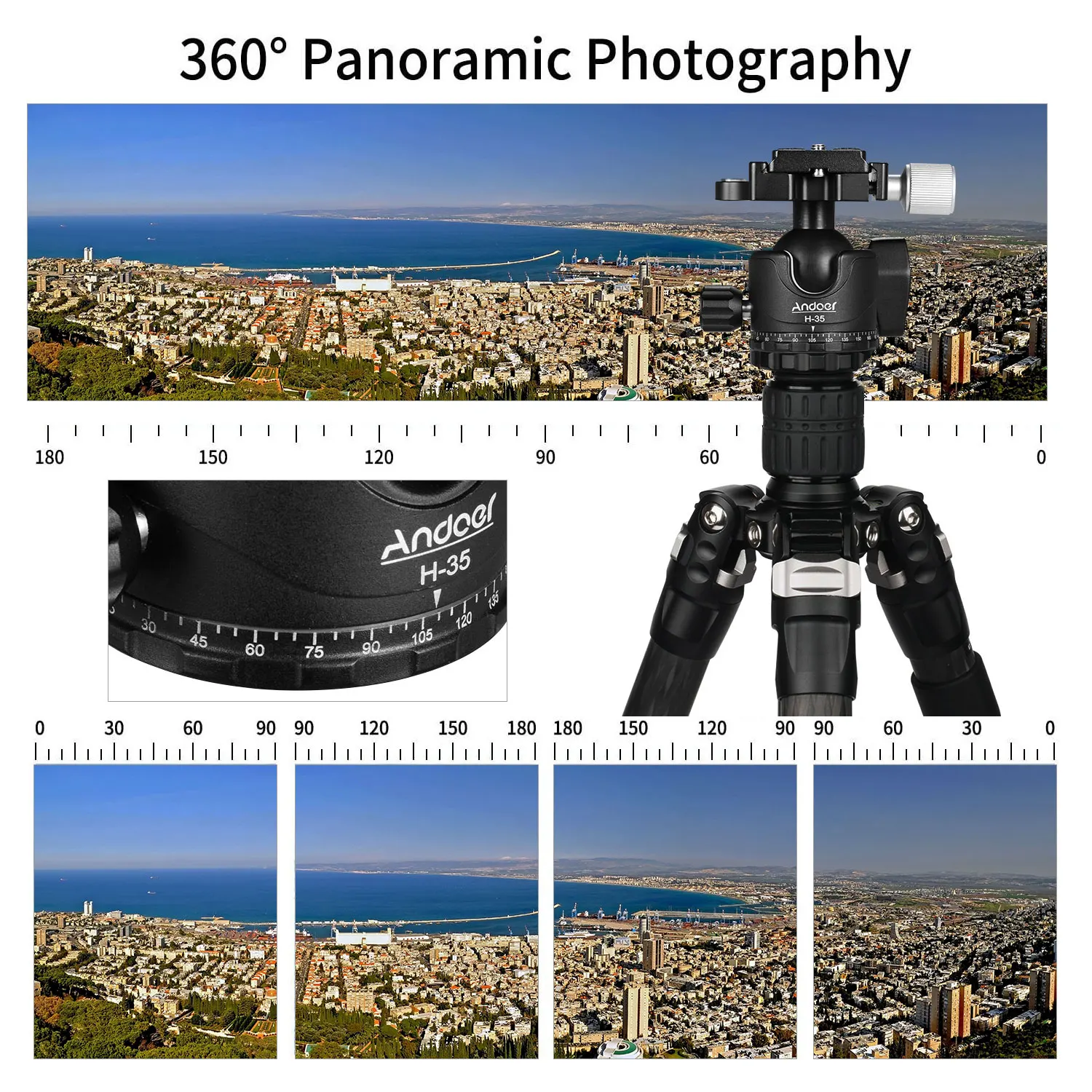 Andoer H-35 파노라마 삼각대 볼 헤드 마운트 어댑터, U홈 저중력 중심 설계, 알루미늄 합금 최대 15kg 하중 용량