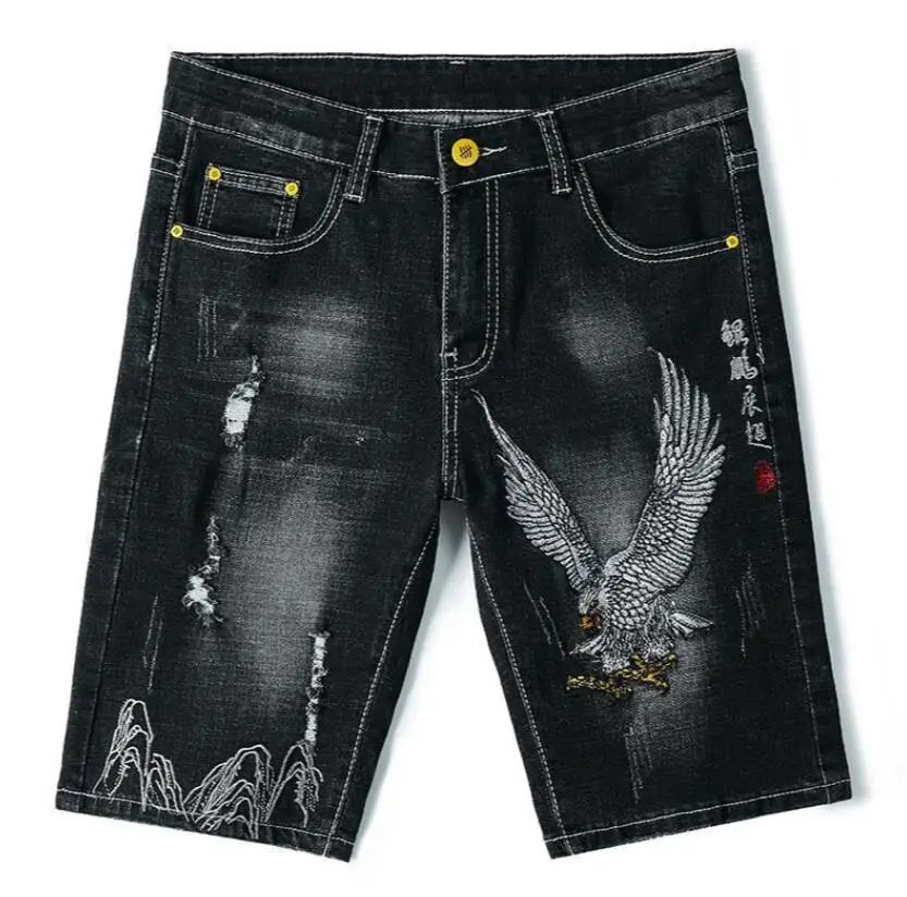 

Summer Men's Denim Shorts Elastic Loose Eagle Embroidery Holes Knee Length Jean Shorts