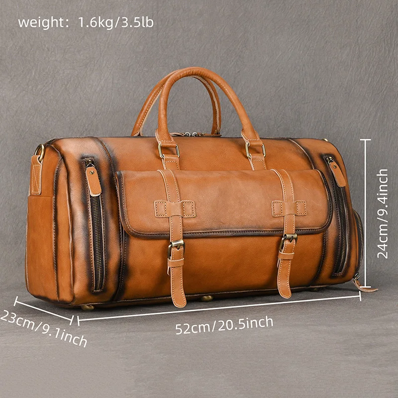 Luufan Men Genuine Leather Travel Bag With Shoes Pocket Retro Real Leather Travel Bag Vegetable Duffel Large Capacity Tote