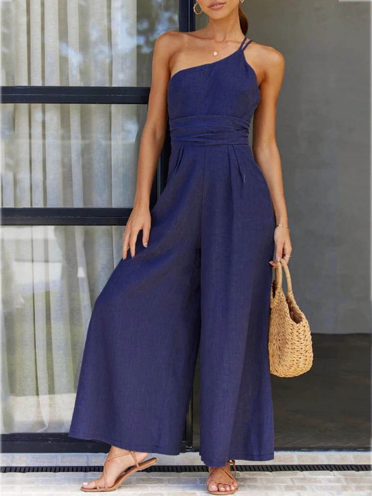 Waist Folds Backless Double Strap Casual Wide Leg Jumpsuit Long Pants Green 2023 New Female Loose Jumpsuit