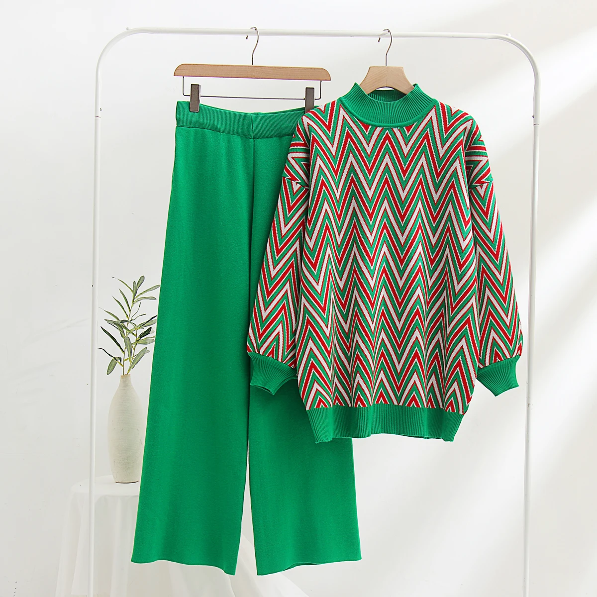 

WTIANYUW Korean Casual Loose Knitting Women 2 Peice Set Winter Autumn O Neck Long Sleeve Striped Tops+Long Loose Pants