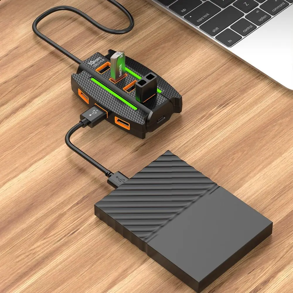 RGB 백라이트 10포트 USB 2.0 스플리터 데이터 전송 확장 10 in 1 USB2.0 허브 고속 커넥터 USB 포트 확장기