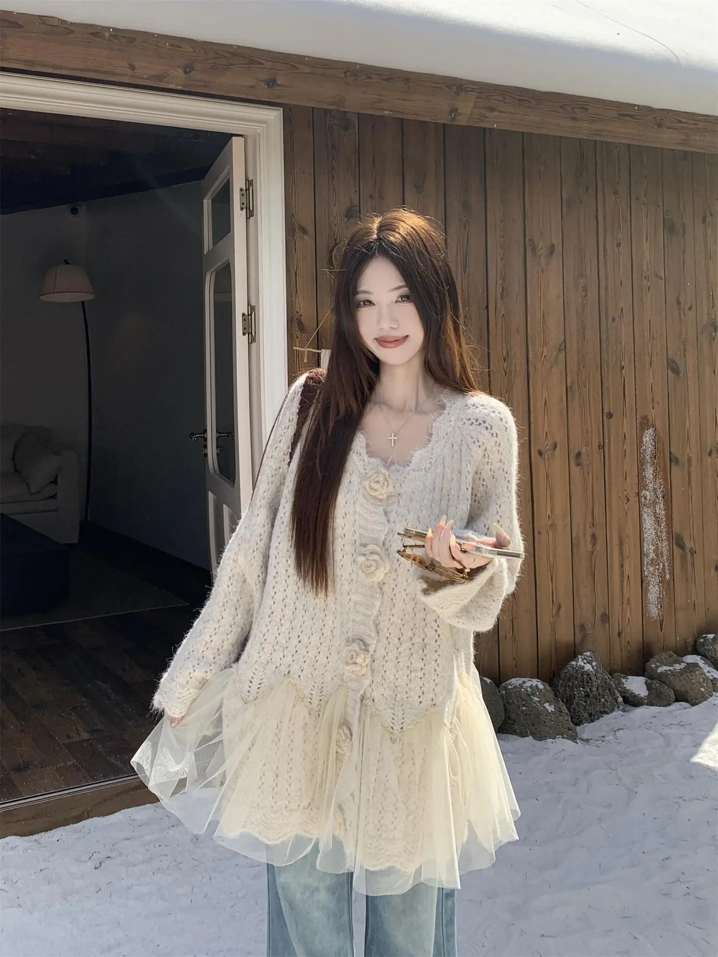 3D Floral Mesh Splicing Knitted Sweater Coat Women's Spring New Mid-Length Casual Top V-neck Long Sleeve Button Closure