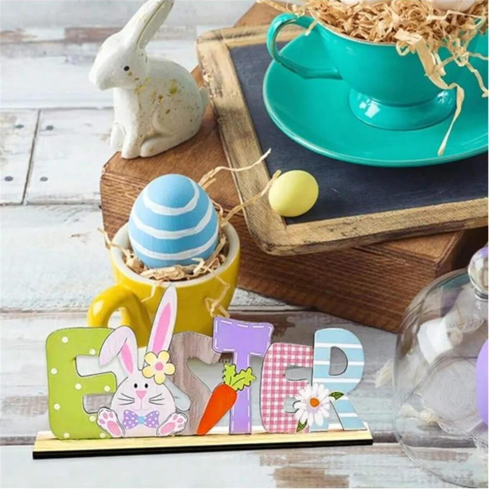 1pc Easter Decorations,Wooden Colored Letter Stand,Cartoon Rabbit Holding Egg Wooden Decor,Thematic Holiday Scenery Props