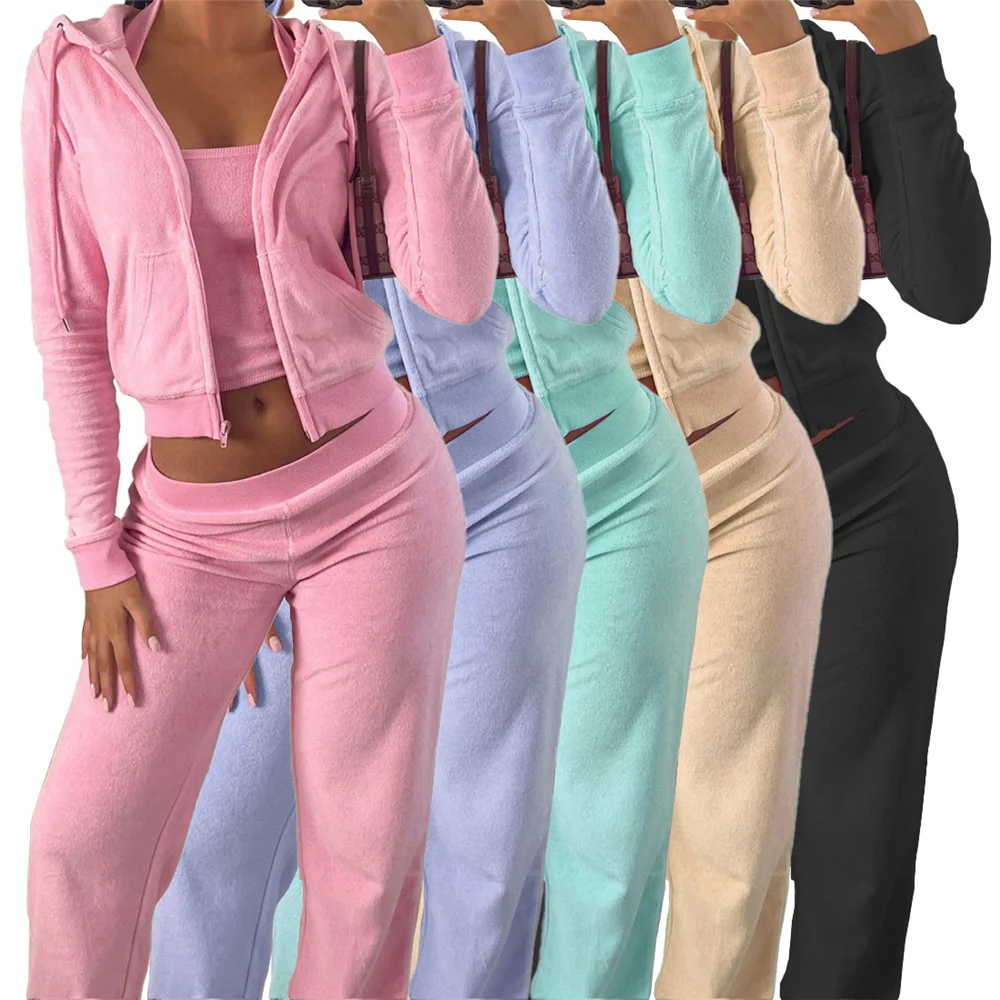 

Athleisure 3 Piece Set Women Long Sleeve Zipper Hoodies Backless Tank Sweatpants Fall Winter Outfits Tracksuit Matching Sets