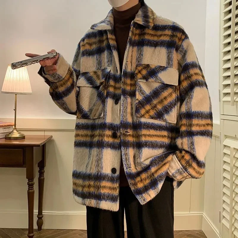 

Plaid Wool Men's Coat Pocket Design Sense Spring And Autumn New Jackets For Men Vintage High Street Woolen Coat Men's Clothing
