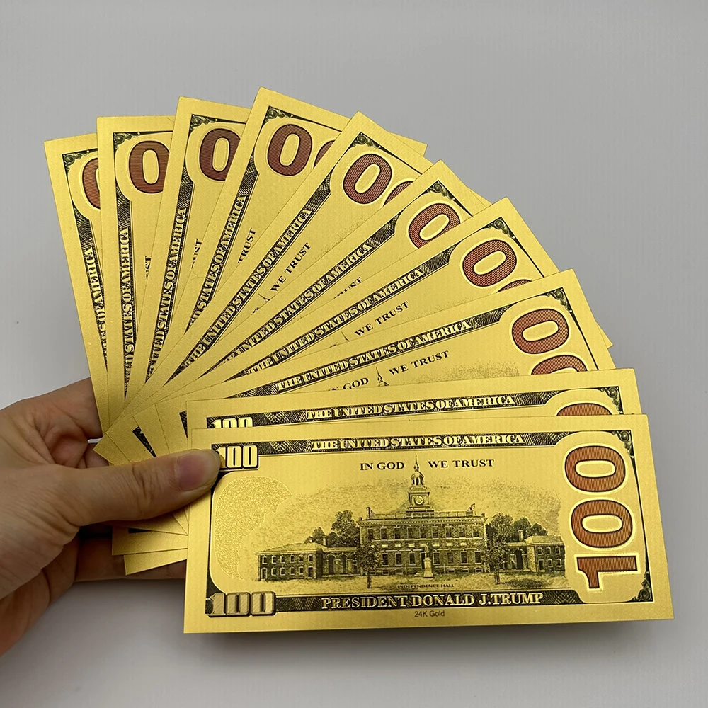 Gold plated banknote,commemorative banknotes Golden Trump US President Dollars 100 Bills 10PCS Gold Plated Card In God We Trust Commemorative Banknotes