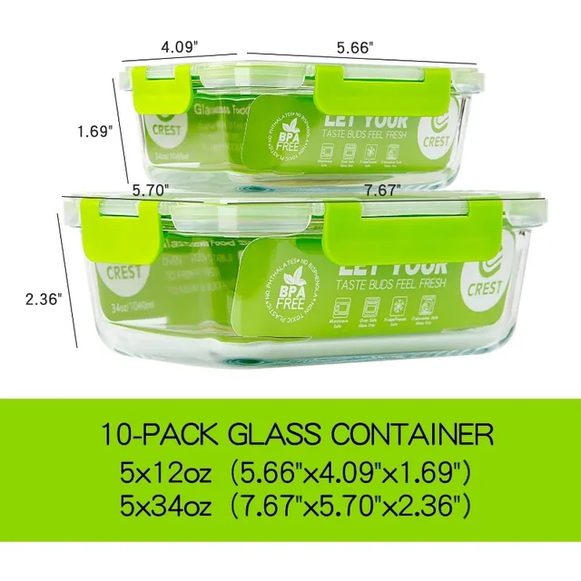C CREST [10 Pack] Glass Meal Prep Containers, Food Storage Containers with  Lids Airtight, Glass Lunch Boxes, Microwave, Oven, Freezer and Dishwasher