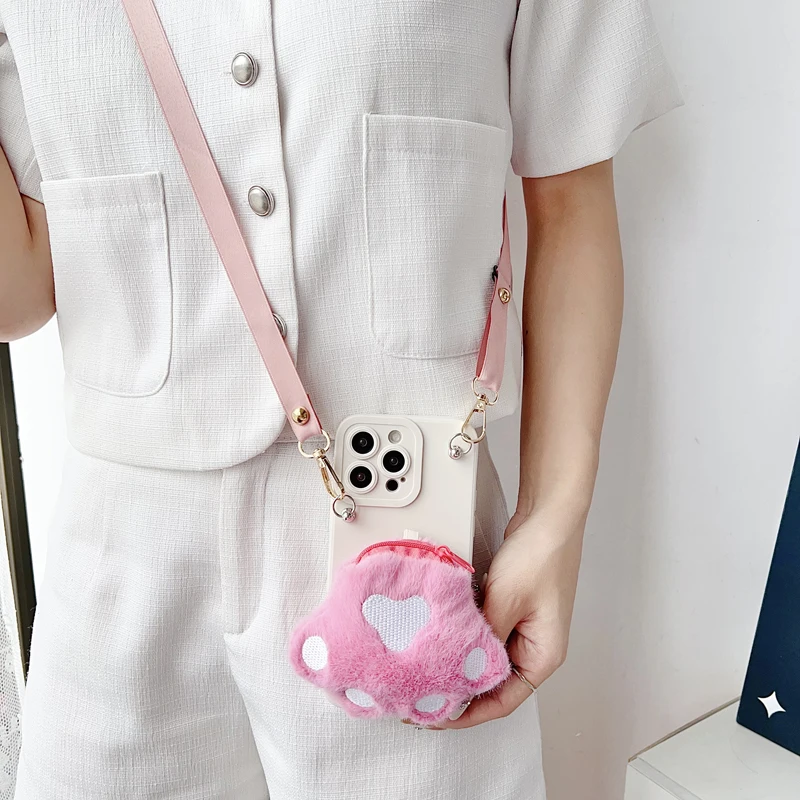 Plush Cat Paws Wallet Case with Rope - Enhanced Design