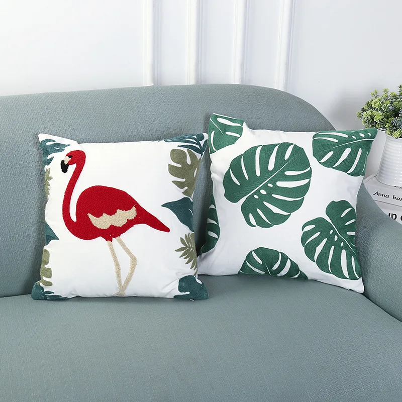

Nordic Style Pure Cotton Leaf Flamingo Embroidery Cushion Cover 45x45cm for Sofa Living Room Bedroom Home Decoration Pillow Case