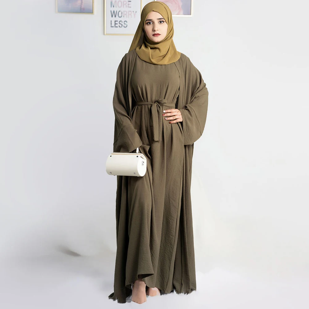 Open Abaya 2 Piece Set Muslim Woman Kimono and Sleeveless Hijab Dress Plain Abayas Dubai Turkey Ramadan African Islamic Clothing