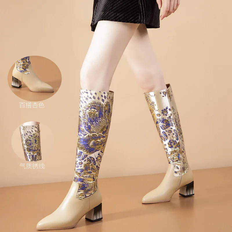 New Ethnic Style Embroidered Leather Boots Pointed Head Thick Heel Heightened Zipper Skinny Leg Knight Boots Sexy Women's Boots