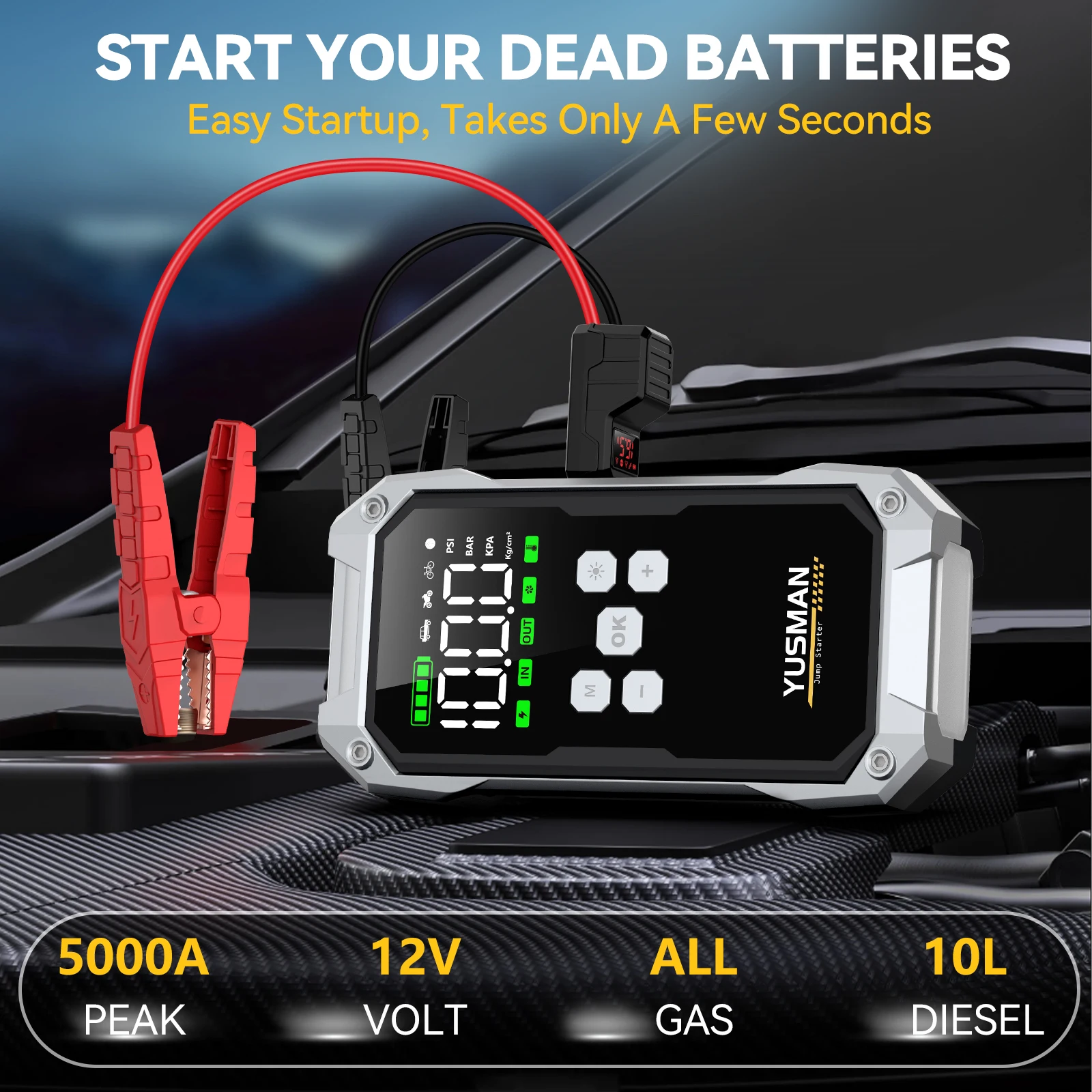 Avviatore di emergenza per auto YUSMAN 5000A, compressore d'aria 150PSI, torcia portatile, power bank per auto 12V - immagine 2