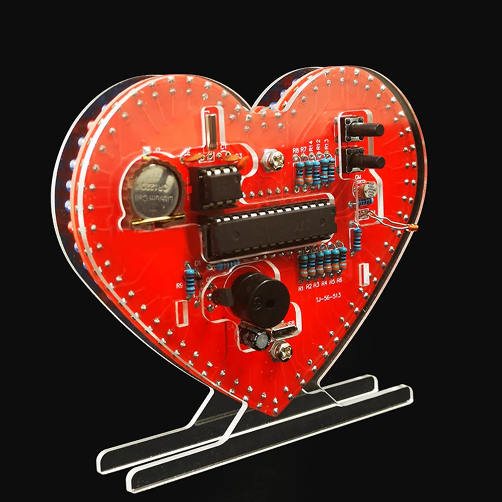 DIY Clock Kits Heart-Shaped 4-Digit Date/Time/Temperature/Week Alarm Clock Soldering Suite with LED Light for Girl Birthday Gift 4