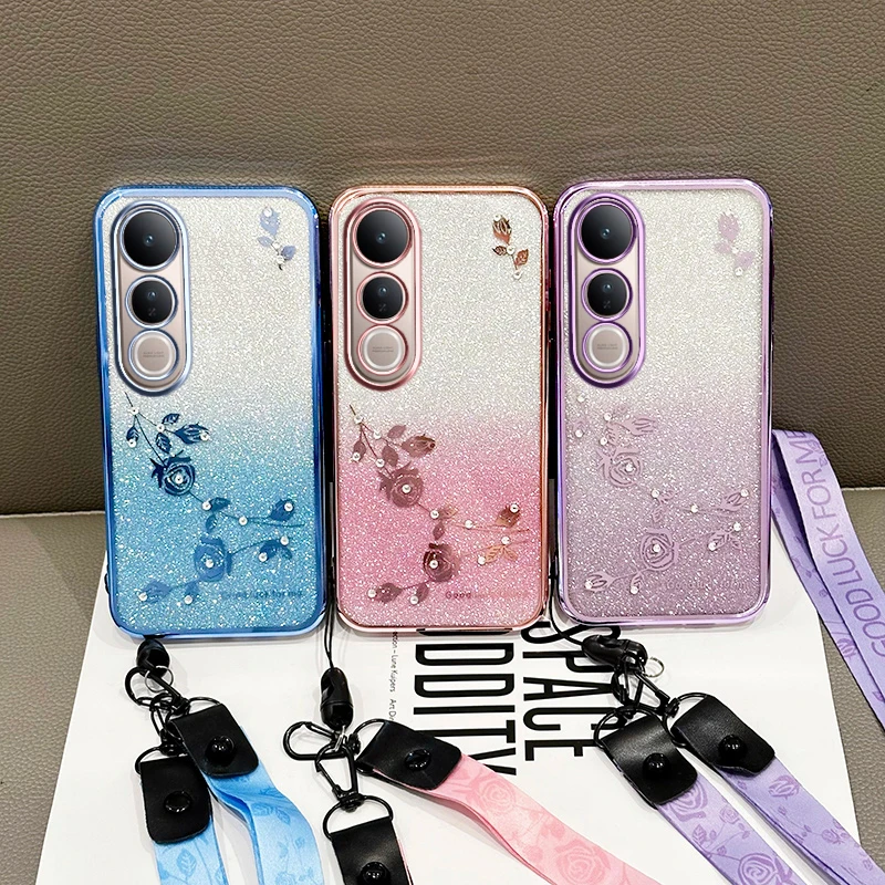 New Fashionable Versatile Gradient Preserved Flower Lanyard Shockproof Cover Case